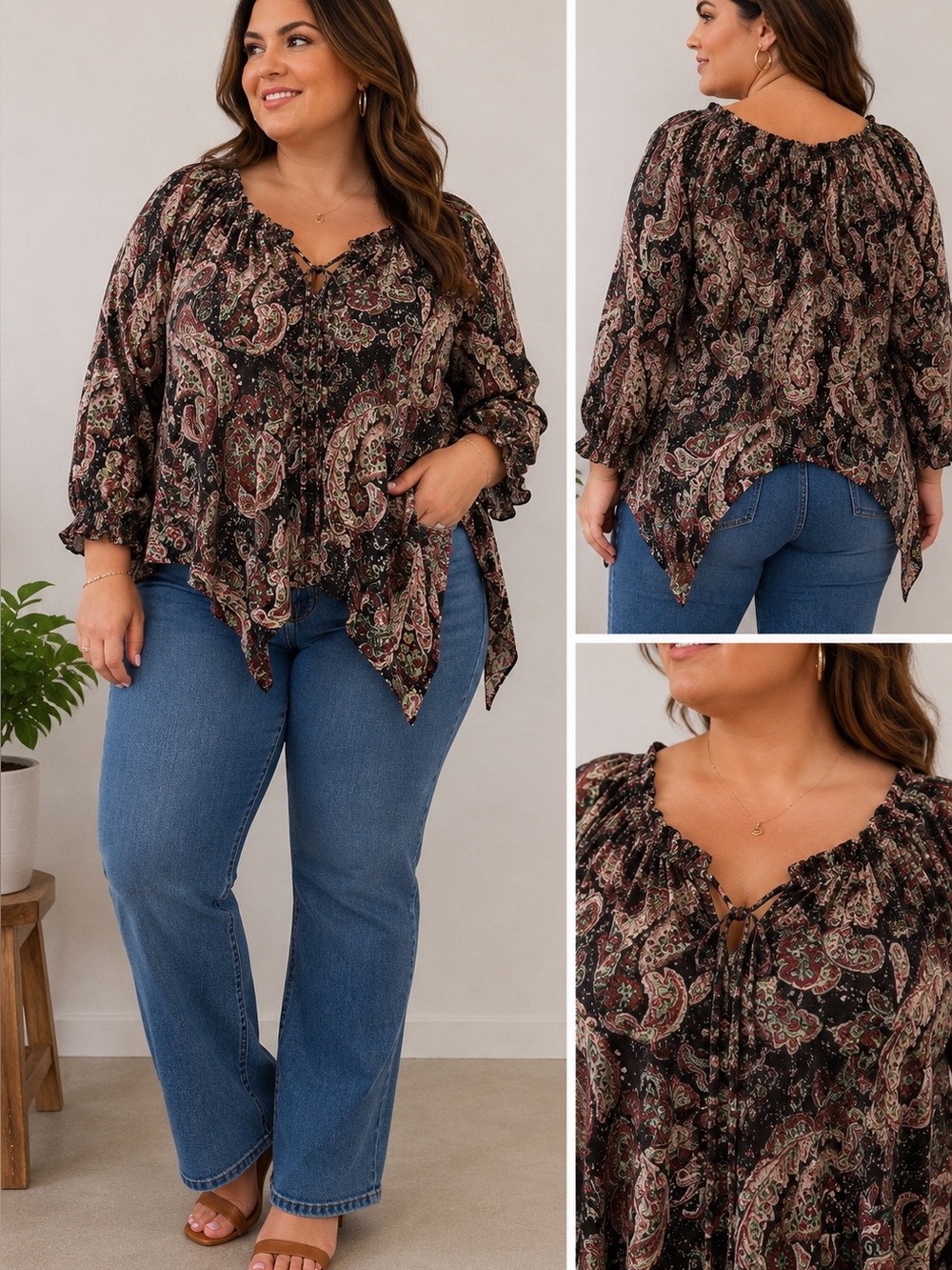 La Caviar Paisley Floral Bohemian boho smocked Ruffle Y2K Bell Sleeve Large L